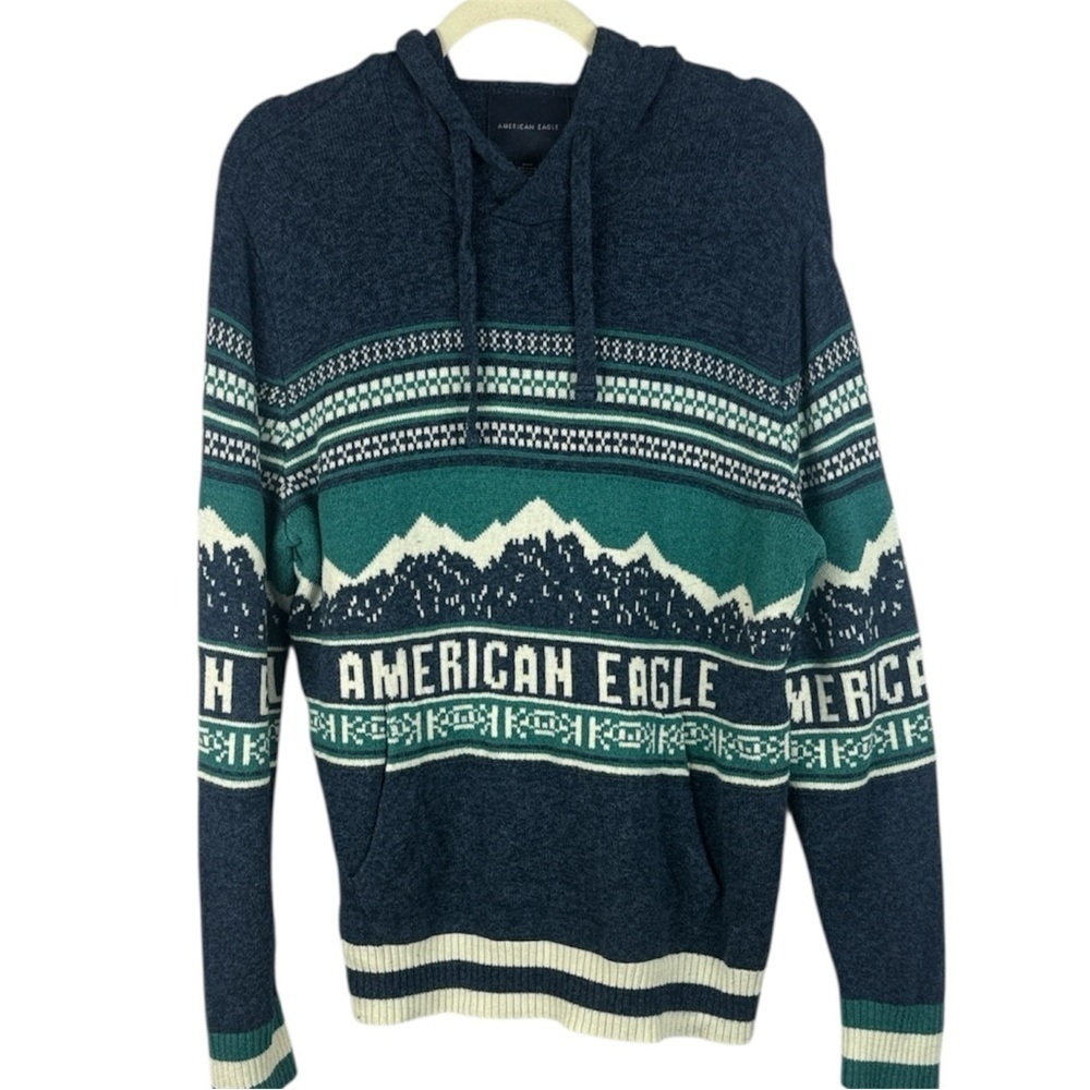 American Eagle Men's Green Blue Cotton Wool Blend Knit Medium Sweater Hoodie